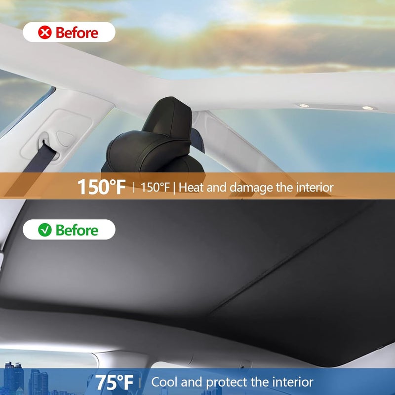 heenvn 2025 Tesla Model Y Juniper Ice Crystal Glass Roof Sunshade-Black, UV Protection, Heat Insulation, Non-Sag, Foldable with Storage Bag - Image 2